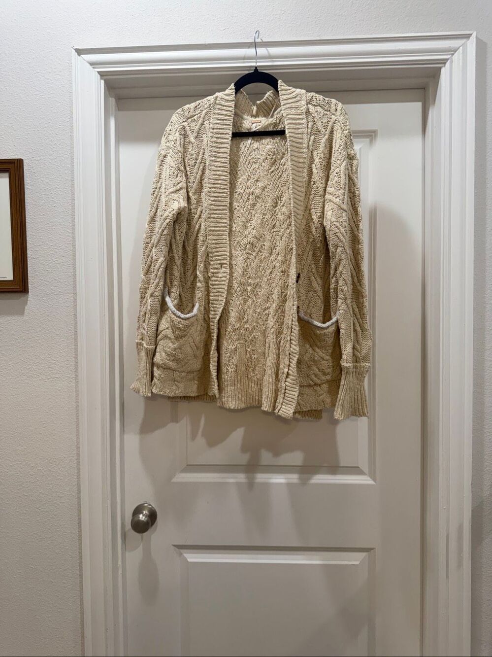 Free People Cream Cable Knit Cardigan Sweater Open Front Pockets Size XS Boho